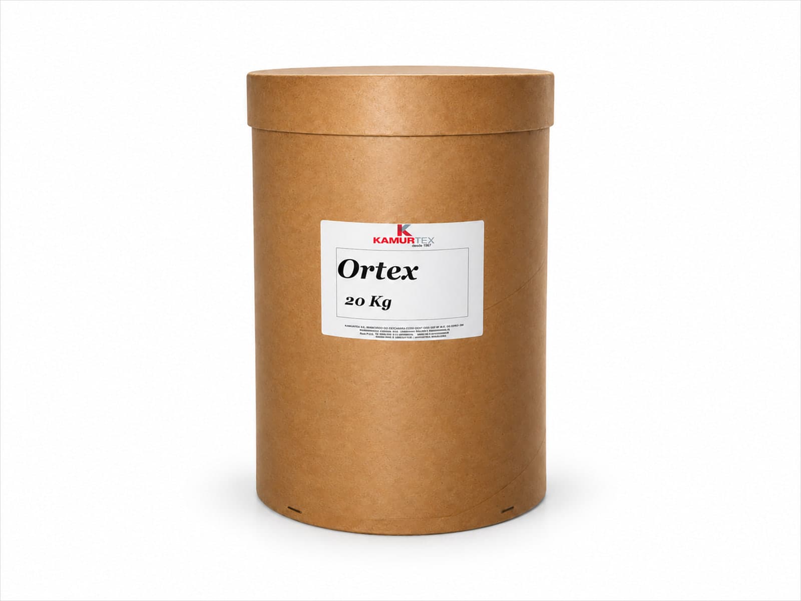 Barrica de papelão kraft com etiqueta Kamurtex Ortex 20 kg, sobre fundo branco